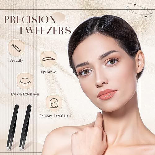 Lasnten 64 Pieces Eyebrow Tweezers for Women Men Slanted Precision Stainless Steel Tweezers Facial Hair Removal Ingrown Hair Eyelash Extension Plucking Blackhead(Black)