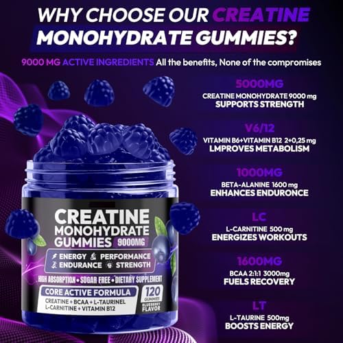 Creatine Gummies Monohydrate Complex for Men & Women, Creatine Pre-Workout for Enhance Muscle Strength Recovery Cognitive Health & Memory, 120 Gummies Sugar Free Vegan Non-GMO