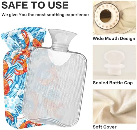 Hot Water Bottle with Soft Cover, 1L Transparent Hot Water Bags for Menstrual Cramps, Neck and Shoulder Pain Relief, Hand Feet Warmer, Orange Lobster Blue Sea Waves