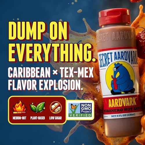 Secret Aardvark Habanero Hot Sauce - Habanero Peppers & Roasted Tomatoes, Medium Spiced Hot Sauce, BBQ Sauce, Non-GMO, Low Sugar, Low Carb, Hot Sauce & Marinade - 8 fl oz 1 Pack