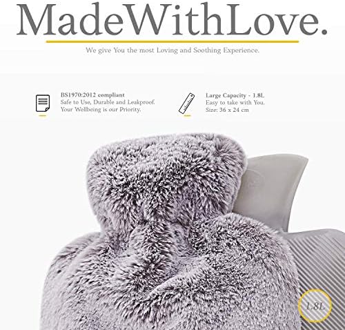 Hot Water Bottle - with Soft Premium Fleece Cover - Light Gray, 2L - Heating Pad for Menstrual Cramps and Period Comfort - Bed Foot Warmer - Hot & Cold Compress for Back, Stomach, Neck Pain Relief