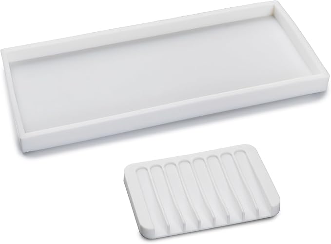Bloss Small Bathroom Vanity Tray with Soap Dish, 8 x 4 inch Silicone Kitchen Sink Soap Tray,Bathroom Counter Trays Organizer for Candle Perfume Jewelry Key, Write