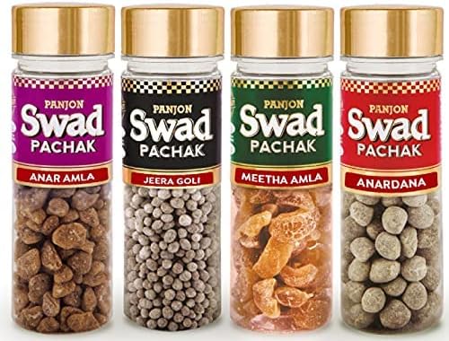 Swad Pachak Mouth Freshener Anar Amla, Jeera Goli, Meetha Amla & Shahi Anardana | Made with Natural Spices & Ingredients | Tasty After-meal Snack | 4 Bottle Jute Bag Gift Set