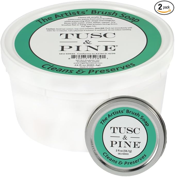 Tusc & Pine The Artists' Brush Soap - 2oz and 24 oz Set - Plant-Based Brush Cleaner, Oil, Acrylic, Watercolor Paint - Nourishes Bristles; Made in North Carolina; Alkali Soap, Gentle Pine Fragrance