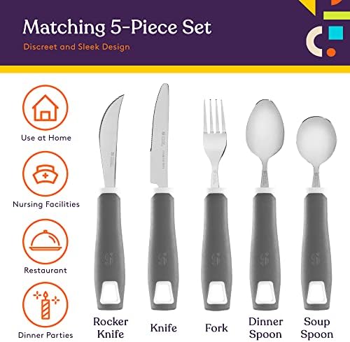 Special Supplies Adaptive Utensils 5-Piece Set Non-Weighted, Non-Slip Handles for Hand Tremors, Arthritis, Parkinson’s or Elderly Use - Stainless Steel Knife, Rocker Knife, Fork, Spoons (Grey)