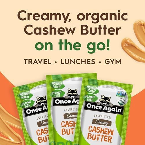 Once Again Organic Cashew Butter Packets - Individual Nut Butter Packets - No Sugar or Salt Added Snack Pouches - Single Serve Squeeze Packs - Vegan, Non-GMO, Gluten Free - 1.15 Ounce Packs, 10 Count