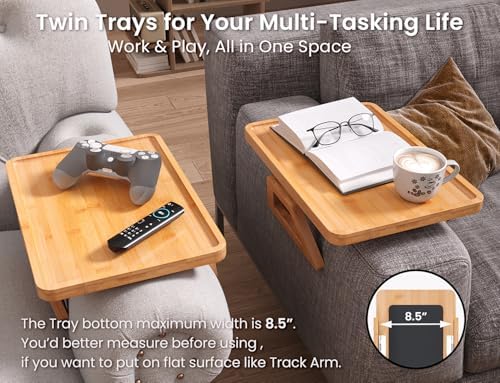 2 Pack Couch Arm Tray,Bamboo Folding Sofa Tray,Sofa Armrest Trays Clip-On Couch Desk for Drinks,Snacks,Phone,Remote Control(Natural)