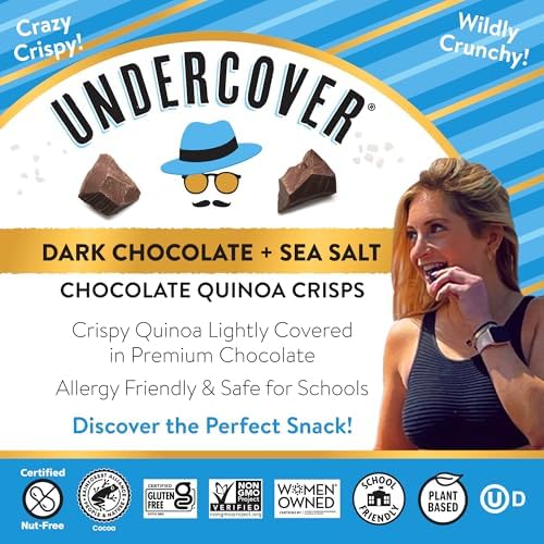 Undercover Snacks Chocolate Quinoa Crisps - Dark Chocolate + Sea Salt Quinoa Crisps | 7-Pack, 3oz Bags of Mini Crisps | Gluten Free, Nut-Free, Allergen Friendly, Kosher, Plant-Based