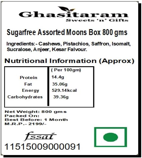 Ghasitaram Gifts Diwali Gifts Sugarfree Sweets - Sugarfree Assorted Moons Box 800 GMS