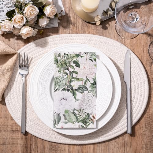 RUSPEPA 50 Pack White Flower on Black Backgroud Guest Napkins - 3 Ply Disposable Seasonal Paper Napkin Dinner Hand Napkins Decorative for Home Kitchen, Bathroom,Party - 13 x 15 Inches
