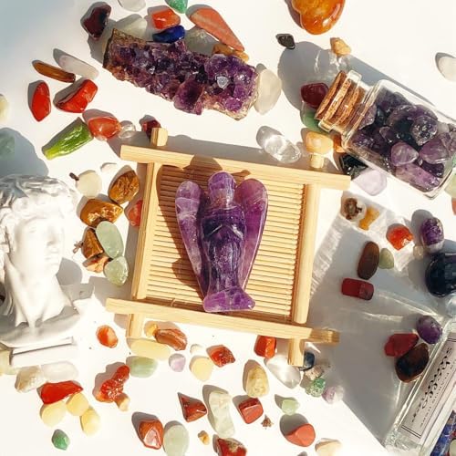 Amethyst Crystal Angel Figurine, Hand Carved Natural Gemstone Guardian Angel Statue, Reiki Healing Crystals for Meditation and Stress Relief, Spiritual Home Office Decor Gift