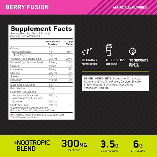 Optimum Nutrition Amped Pre-Workout, with Citrulline, Beta-Alanine, Nootropics and 300mg of Caffeine for Energy, Berry Fusion, 20 Servings (Packaging May Vary)