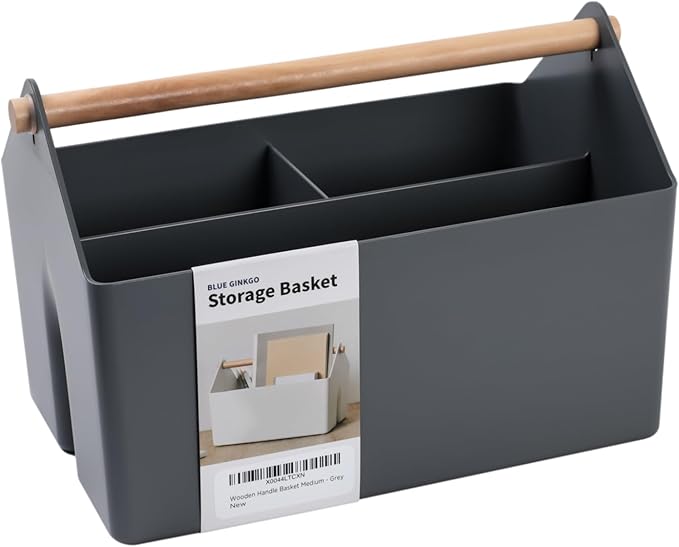 BLUE GINKGO Medium Storage Basket â Plastic Caddy with Wooden Handle for Office, Arts & Crafts, or Home Supplies (Gray)