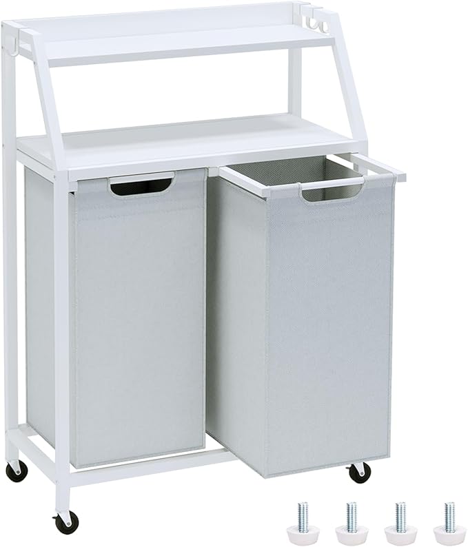 Laundry Hamper, Laundry Sorter 2 Section, Rolling Laundry Basket with Wheels, 2 Shelves, 2 Ã 14.5 Gal, Pull-Out and Removable Oxford Fabric Bags, for Laundry Room, White and Grey