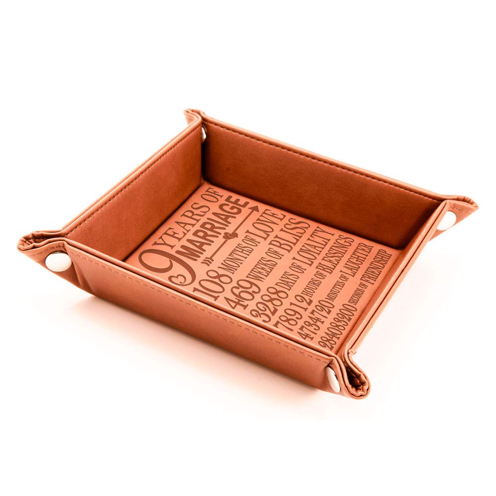 KATE POSH 9 Years of Marriage Engraved Leather Catchall Valet Tray, Our 9th Wedding Anniversary, 9 Years as Husband & Wife, Gifts for Her, for Him, for Couples (Rawhide)