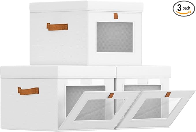 Storage Bins with Lid â Closet Organizer with Side Opening and Clear Window, Foldable Stackable Fabric Basket for Clothes, Home, Office - 13.77" x 11.8" x 9.8", 3 Pack, White