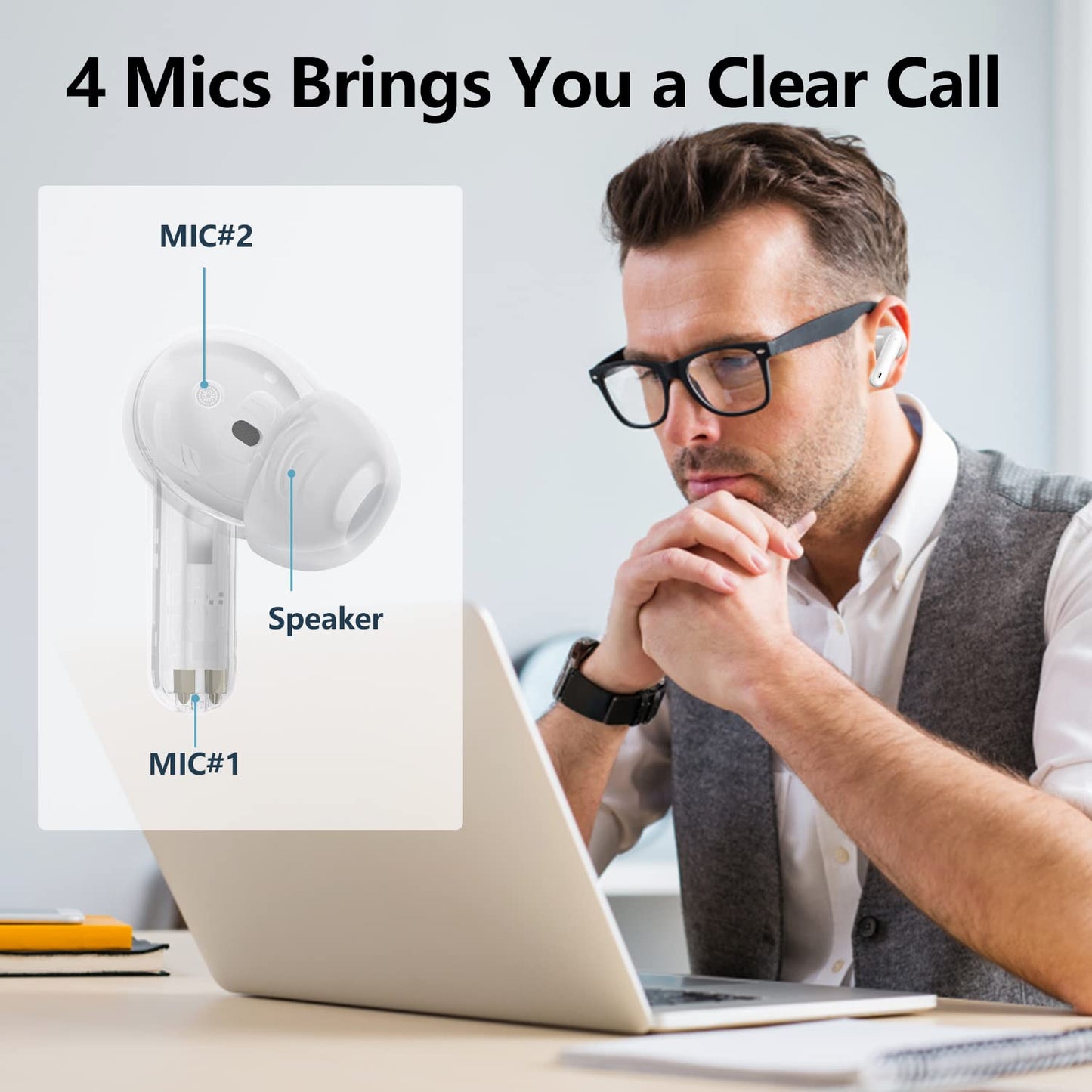 XIAOWTEK A40 Pro Wireless Earbuds, 50Hrs Playtime Bluetooth Earbuds Built in Noise Cancellation Mic with Charging Case, Bluetooth Headphones with Stereo Sound, IPX7 Waterproof Ear Buds for Phone