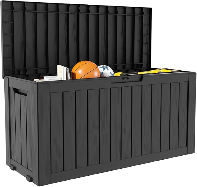 90 Gallon Waterproof Outside Storage Box - Patio Storage & Outdoor Deck Box, All-Weather Resin Chest for Pool/Garden Accessories, Lockable UV-Resistant, Jet Black