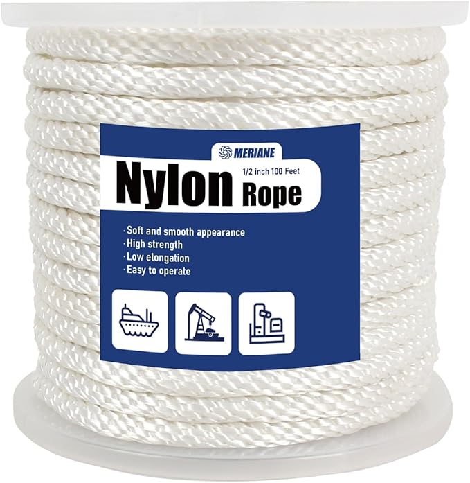 MERIANE 1/2 Inch Nylon Rope 100 Ft â Multipurpose Solid Braided Rope â Ideal Use for Camping, Clothesline, Marine, Flag Line â Abrasion & UV Resistant â Shock Absorption Rope for Indoor Outdoor