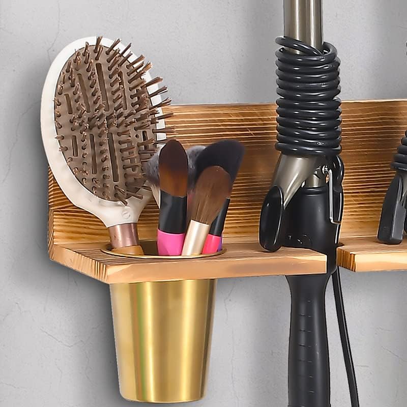UPTRUST Wall Mount Hair Tool Organizer, Set of 2 Layer Rustic Wooden Dryer Holder Rack, Product Organizer Tray for Dryer with 4 Hooks