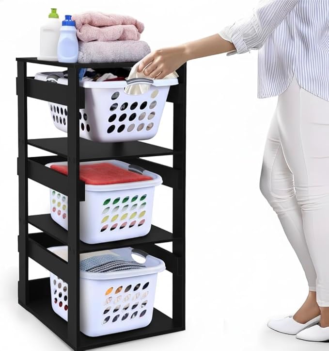 Laundry Basket Holder Shelf â Stackable Engineered Wood Laundry Tower, Tiered Hamper Organizer for Bathroom, Bedroom, Closet (Black, 3 Tier)
