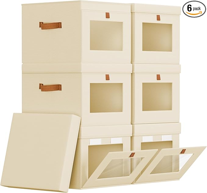 Storage Bins with Lid â Closet Organizer with Side Opening and Clear Window, Foldable Stackable Fabric Basket for Clothes, Home, Office - 13.77" x 11.8" x 9.8", 6 Pack, Beige