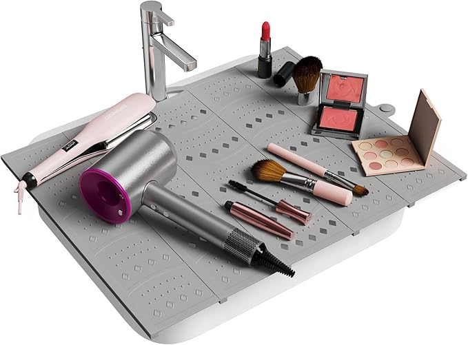 Bathroom Sink Cover for Counter Space, Foldable Silicone Sink Mat Makeup Organizer Mat Space Saver, Womenâs Gifts for Valentines RV Camper Travel Must Haves Accessories, Grey