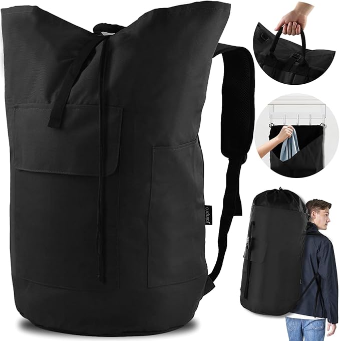 Laundry Bag Backpack, 125L Extra Large Laundry Backpack with Shoulder Straps, Adjustable Extendable Laundry Hamper Bag with 3 Pockets for College, Travel, Camping (Black)