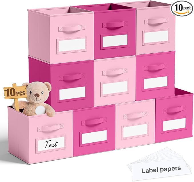 10 Pcs Fabric Storage Cubes with Labels 11 Inch Collapsible Cube Organizer Baskets with Window Cards for Shelf Nursery Clothes Book Toys Storage Bin(Pink, Rose Red)