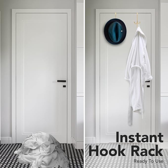 2-Pack Over The Door Hook - with 3 Hang Heads & Snug Fit Pads- 2Pcs Heavy Duty Hooks for Hanging Coats, Towels, Caps & Robes - Elegant Matt Finish - No Drill Hanger Organizer - Gold
