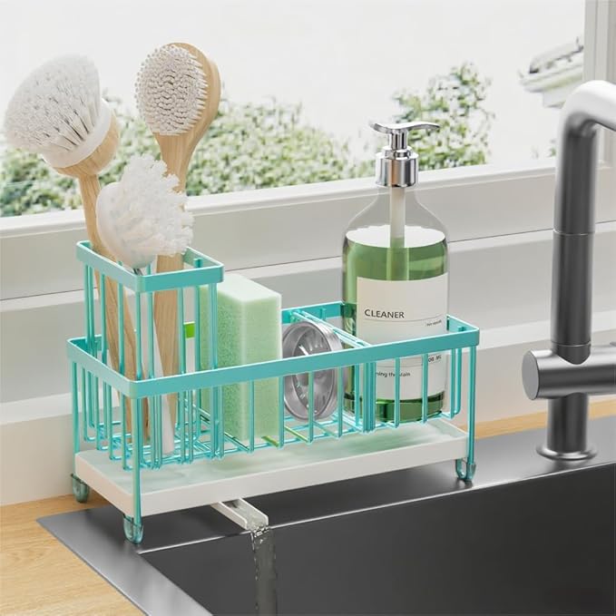 Cisily Sponge Holder for Kitchen Sink, Sink Caddy Organizer with High Brush Holder, Kitchen Countertop Organizers and Storage Essentials, Rustproof 304 Stainless Steel (Turquoise, 9.25â³)