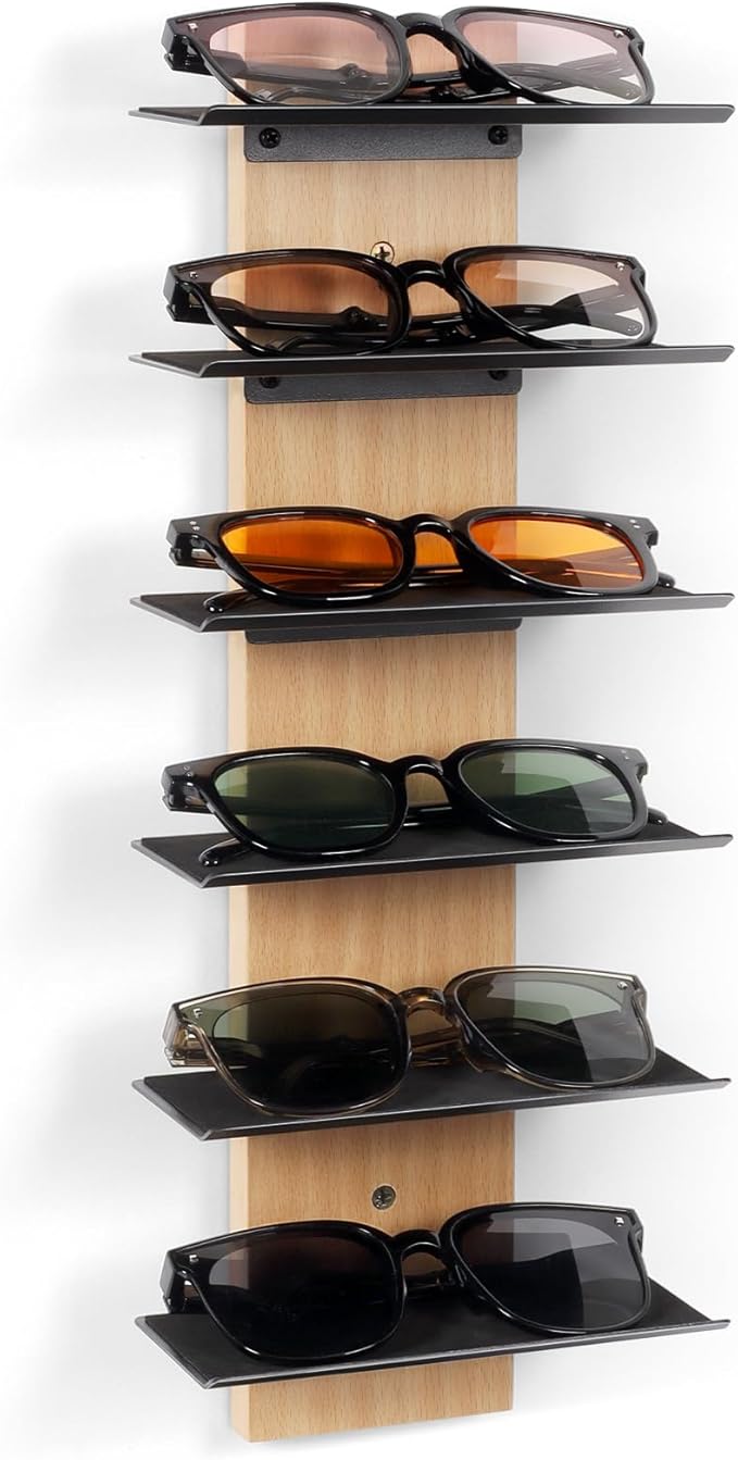 SEKSON Sunglasses Organizer for Wall, Solid Wood Sunglass Holder Display Rack, 6 Tier Eyeglasses Storage Shelf for Entryway, Living Room, Retail Showcase (2 Pack)