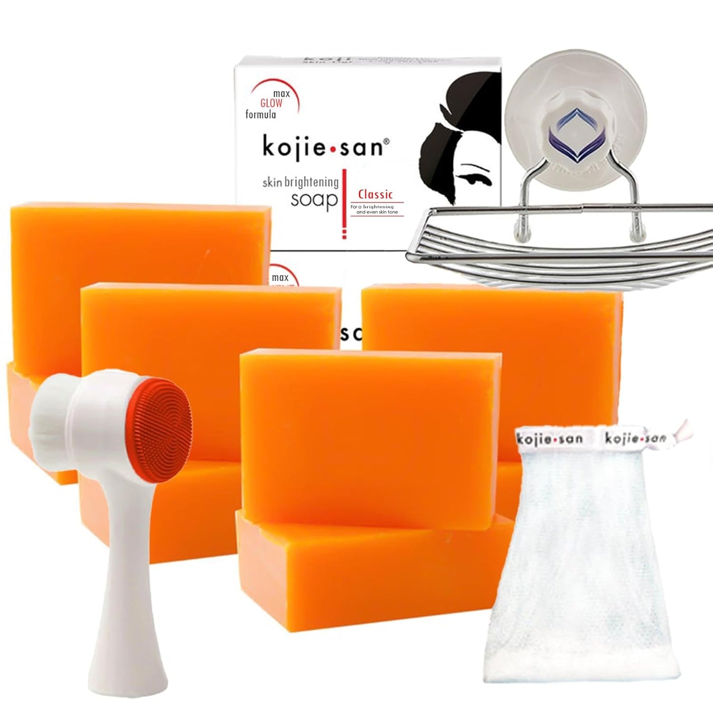 Kojie San Face & Body Shower Set - The Original Kojic Acid Soap, Dark Spot Remover Bar Soap with Coconut & Tea Tree Oil â 65g x 8 Bars with Leafa Soap Net, Brush and Soap Dish