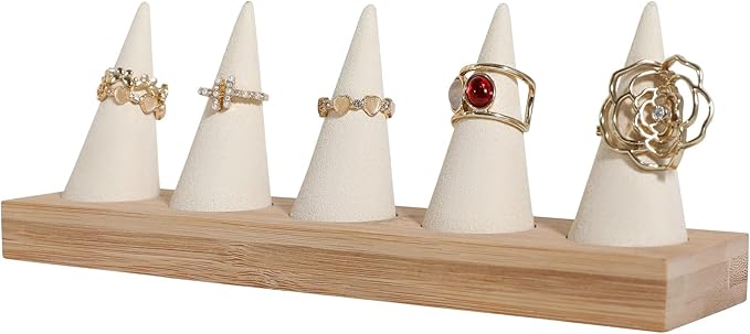 GemeShou Beige wood ring storage organizer, Velvet Jewelry ring display holder, Cute ring display stand for selling, wedding ring holder at nightstandãBeige with five coneã