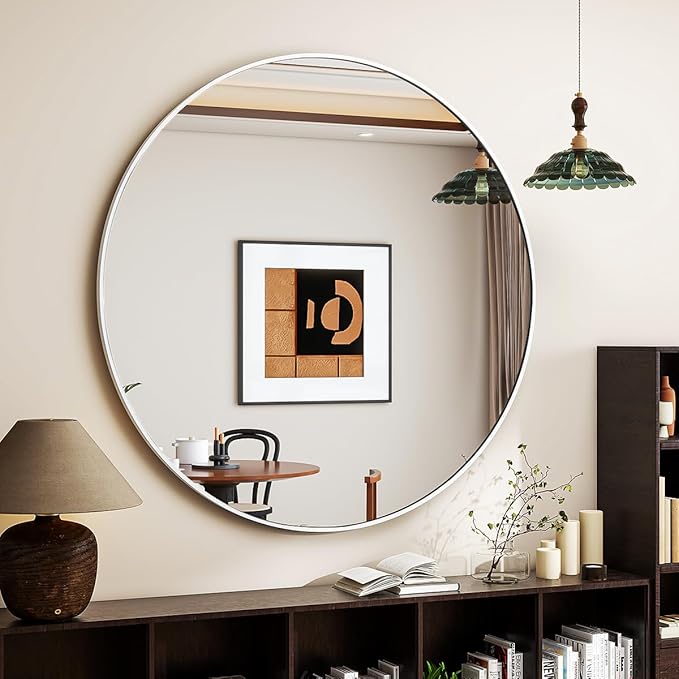 White Round Mirror, 20 Inch Circle Bathroom Mirror with Metal Frame, Wall-Mounted for Entryway, Bathroom, Vanity, Living Room