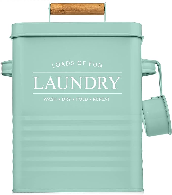 Calindiana Modern Farmhouse Metal Soap Dispenser with Scoop for Laundry Room Decor and Organization, Mint
