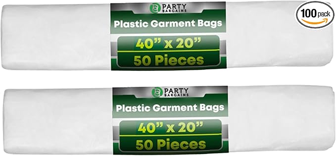 PARTY BARGAINS 40 x 20 Inch Disposable Clear Garment Bags, 100 Pack â Heavy-Duty Plastic Clothes Covers for Suits Dresses Coats, Closet & Travel