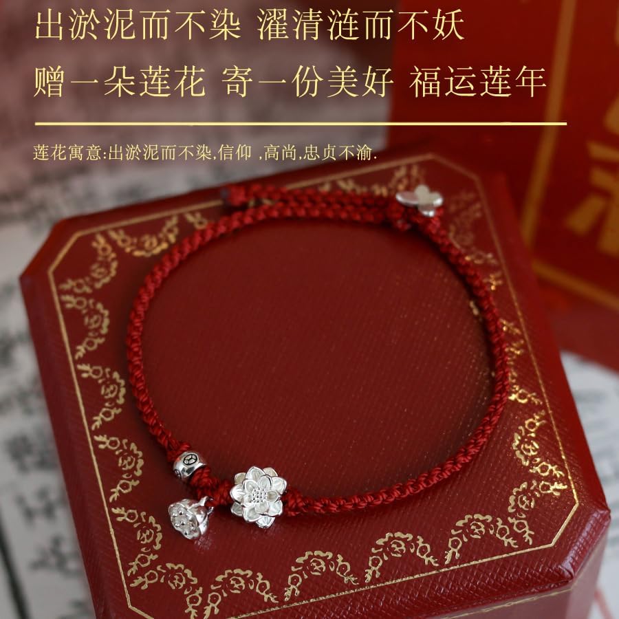 Sdouefos Lotus Flower Bracelet 925 Sterling Silver for Women, Handmade Braided Rope Red String Adjustable Lady Jewelry Red Protection Bracelet for Women Buddhist Spiritual Lucky Amulet Gift