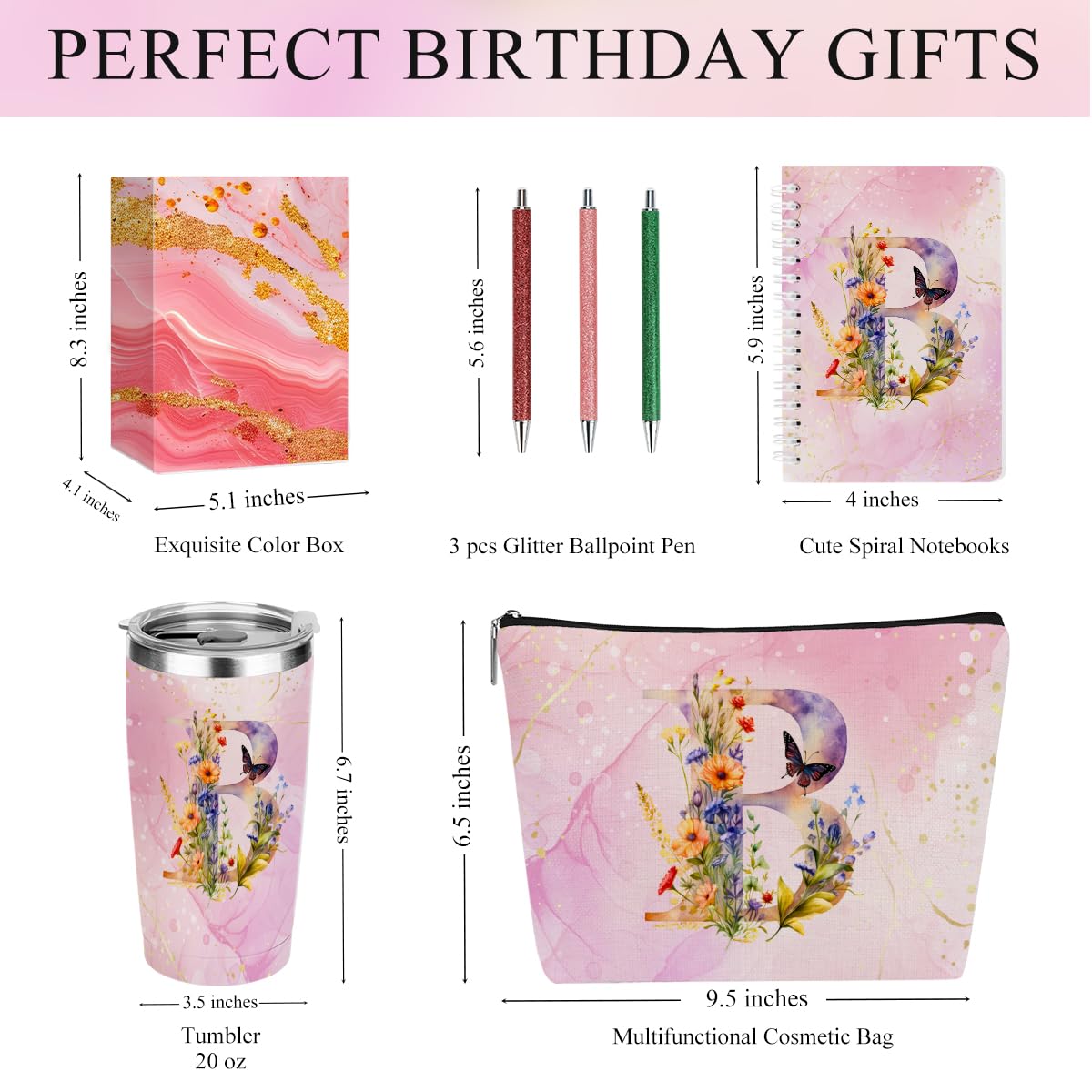 XLRSDF Personalized Gifts Monogrammed Birthday Gifts for Women, Cowerker Mom Boss Day Christmas Initial 20 oz Tumbler, Makeup Bag Cup Ballpoint Pens Journal Notebook 6 Set, (Aesthetic Pink Flower B)