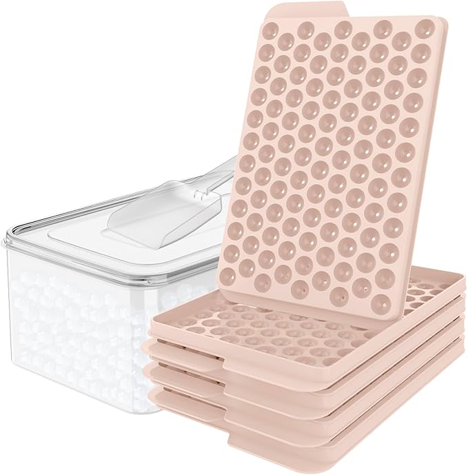 WIBIMEN Mini Ice Cube Trays, 0.55â Tiny Pebble Ice for Iced Coffee & Cocktails, Fast Chill, Easy Twist Release, Stackable with Lid & Storage Bin (4 Pack, Pink)