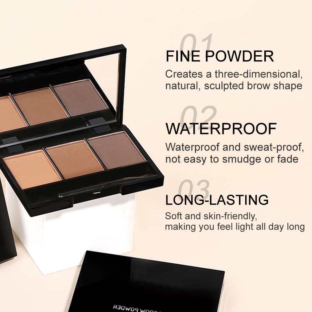 Brow Powder Kit – Long-Lasting 3-Color Brow Filler for Full, Defined Natural Brows, Contour Palette with Double-Ended Brush, sombra para cejas (02)