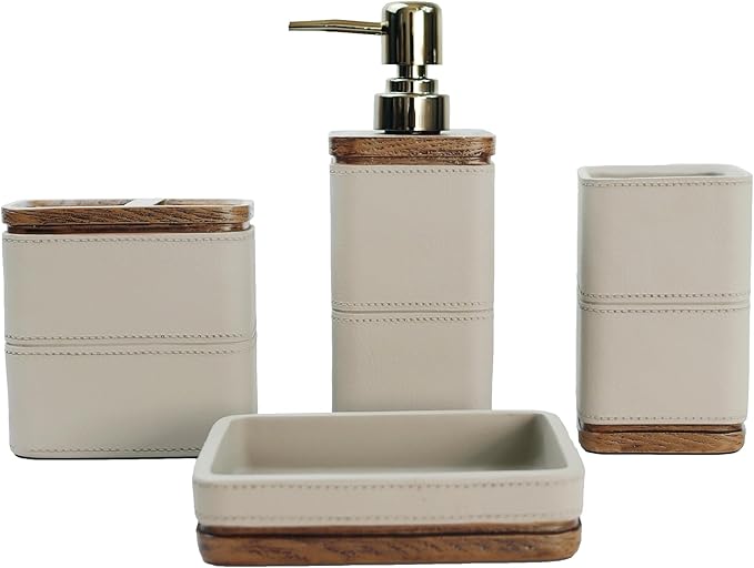 Hymmah Leather Pattern Design Bathroom Accessories Set,Farmhouse Bathroom Decor,4 Pcs Resin Gift Set Apartment Necessities, Contain Cotton Swab Jar,Soap Dispenser,Tumblerï¼Soap Dish/Tray