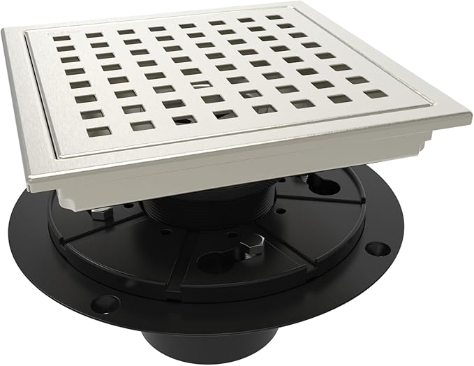 WEBANG 6 Inch Square Shower Floor Drain with Flange,Quadrato Pattern Grate Removable,Food-Grade SUS 304 Stainless Steel,Watermark&CUPC Certified,Brushed Nickel