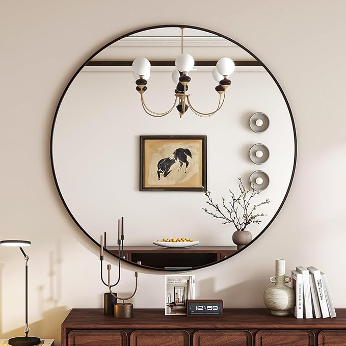 Black Round Mirror, 24 Inch Circle Bathroom Mirror with Metal Frame, Wall-Mounted for Entryway, Bathroom, Vanity, Living Room