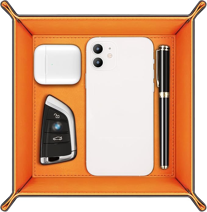 SITHON Valet Tray Desktop Storage Organizer â Premium PU Leather Catchall Bedside Vanity Tray Nightstand Caddy Holder for Remote Controller, Keys, Phone, Wallet, Coin, Jewelry (Orange)