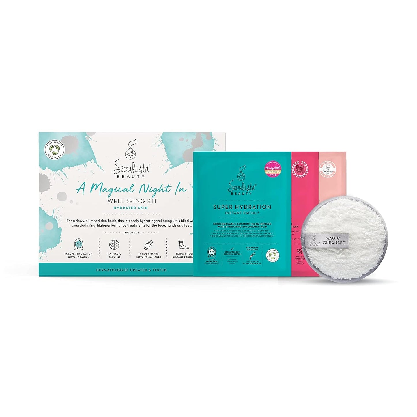 HYDRATED Gifting Bundle | SUPER HYDRATION SHEET MASK | Rosy Toes - Foot Mask Instant Pedciure | Rosy Hands - Hand Mask Instant Manicure| Magic Cleanse⢠Eco-friendly Cleansing Tool