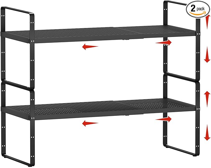 2Pack Expandable Cabinet Countertop Shelves 16.5-27ââL, Adjustable Metal Spice Rack Organizer, Stackable Kitchen Counter Storage Shelves Organizers for Cabinet Organization, Black