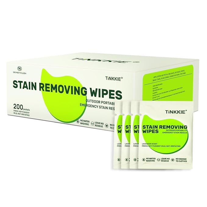 200 Pack Stain Remover Wipes for Clothes & Fabric â Instant Clothing Stain Remover for Shoes, Shirts & Jackets, Individually Wrapped Portable Wipes for Travel & On-the-Go Cleaning