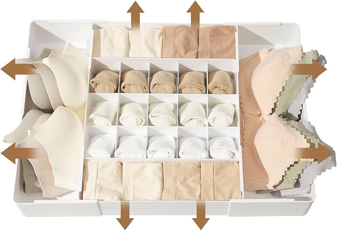 Adjustable Drawer Organizer â 19-Grid Divider for Socks, Bras & Panties, Closet Storage Box for Underwear & Dresser Drawers (15+4)
