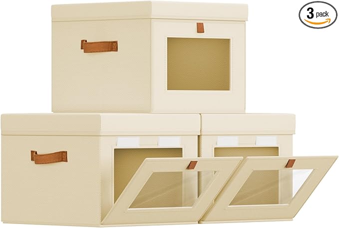 Storage Bins with Lid â Closet Organizer with Side Opening and Clear Window, Foldable Stackable Fabric Basket for Clothes Storage, Bedroom, Nursery, Office, 3 Pack, Beige